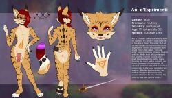 2024 5_fingers ani_d'esprimenti_(ghostlupe) anthro balls biped claws countershade_face countershade_fur countershade_torso countershading english_text eurasian_lynx eyewear felid feline fingers fur genitals glasses hair hi_res inner_ear_fluff lynx male mammal model_sheet penis solo spoonycatt tail text tuft