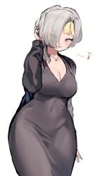 1girls blushing breasts colored_inner_hair dress fully_clothed kromer_(limbus_company) limbus_company migishita project_moon short_hair silver_hair solo solo_female tagme