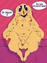 anthro balls belly big_balls big_belly blush canid canine canis chikn_nuggit chikn_nuggit_(chikn_nuggit) digital_media_(artwork) domestic_dog english_text front_view fur genitals head_tilt hi_res humanoid_genitalia humanoid_penis long_ears looking_at_viewer male mammal moobs navel nipples nude overweight overweight_anthro overweight_male penis pose saggy_balls simple_background sitting smile smokedsoul35 solo text thick_thighs wide_hips yellow_body