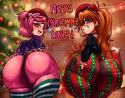 2girls ass ass_grab asuka_langley_sohryu big_ass bottom_heavy bubble_butt christmas clothing crossover dat_ass dialogue doki_doki_literature_club fat_ass female female_only grabbing_own_ass greatestgori hat huge_ass large_ass looking_at_viewer looking_back massive_ass musk musk_clouds natsuki_(doki_doki_literature_club) neon_genesis_evangelion orange_hair pink_hair png santa_hat shortstack smile sweat sweaty_ass sweaty_body talking_to_viewer text thick_ass thick_thighs wide_hips