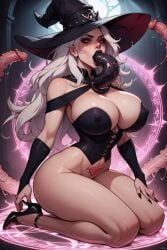 ai_generated big_ass big_breasts curvy pentagram tentacle tentacle_in_mouth tentacle_sex witch witch_hat