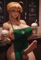 ahoge ai_generated artoria_pendragon artoria_pendragon_(lancer) barista big_penis blonde_hair fate/grand_order fate_(series) futanari huge_breasts nipple_slip nipples starbucks