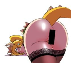 1girls :d aqua_eyes armlet ass ass_focus bangs bar_censor bare_shoulders big_ass blonde_hair blonde_pubic_hair blue_earrings blush borrowed_design bowsette breasts brown_legwear censored claw_pose clenched_teeth colored_pubic_hair crown d; earrings excessive_pubic_hair eyelashes female from_behind genderswap half-closed_eye horns jewelry lace lace-trimmed_thighhighs large_breasts long_hair looking_at_viewer looking_back mario_(series) new_super_mario_bros._u_deluxe nintendo nose_blush one_eye_closed open_mouth parted_bangs ponytail pubic_hair rodney sanpaku sharp_teeth shiny shiny_skin simple_background slit_pupils smile solo spiked_armlet super_crown sweatdrop tail tail_raised teeth thick_eyebrows thick_thighs thighhighs top-down_bottom-up turtle_shell v-shaped_eyebrows white_background wide_hips