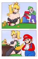 1girls 1other 2boys ass ass_worship big_breasts bowsette breasts cleavage female female_focus genderswap koopa large_breasts looking_at_viewer looking_back luigi male mario mario_(series) meme multiple_boys new_super_mario_bros._u_deluxe nintendo panties pantyshot super_mario_bros. underwear unsomnus upskirt