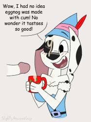 101_dalmatian_street 101_dalmatians anthro blush blush_lines bodily_fluids breasts canid canine canis christmas christmas_clothing clothing cum cum_in_a_cup cum_in_container cum_in_mouth cum_inside cum_on_breasts cum_on_eye cum_on_face dalmatian dippy_(twistedmango) disney domestic_dog duo elf_costume elf_hat female genital_fluids genitals hat headgear headwear hi_res holidays lewdmas long_ears male male/female mammal penis slightlyarousedguy text