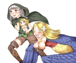 3girls :< bandages bandaid belt bird blonde_hair boots braid breasts brown_eyes carrying chick cleavage cloak closed_eyes cross-laced_footwear dragon's_crown elf elf_(dragon's_crown) feathered_wings gloves harpy harpy_(dragon's_crown) haty hood hugging_another's_leg hugging_own_legs large_breasts long_hair monster_girl multiple_girls navel open_mouth pointy_ears purple_eyes red_eyes shorts silver_hair simple_background take_it_home tears thigh_boots thighhighs twin_braids white_background winged_arms wings