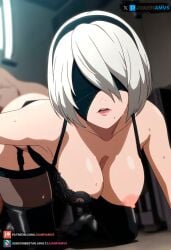 ai_generated bandage big_breasts female juanpiamvs nier:_automata nipples patreon patreon_username short_hair silver_hair subscribestar subscribestar_username watermark