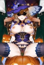 1girls 3boys ai_generated blindfold blonde_hair blush bow breasts flower garter_belt genshin_impact gloves halloween hat lisa_(genshin_impact) nipples original_character penis pubic_hair pumpkin rose spread_legs stockings thighhighs underwear witch_hat