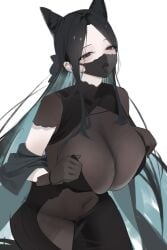 azur_lane bangs black_dress black_gloves black_hair blue_hair bodystocking bodysuit breasts cleavage clothing_cutout colored_inner_hair covered_navel dress ear_piercing female gloves hai_chou_(azur_lane) huge_breasts large_breasts long_hair looking_at_viewer mask mole mole_under_eye mouth_mask multicolored_hair original parted_bangs piercing red_eyes see-through simple_background solo tongue tongue_out two-tone_hair veil white_background
