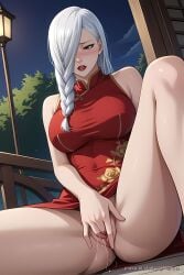 ai_generated cheongsam exhibitionism female flashing girl hentai jujutsu_kaisen mei_mei_(jujutsu_kaisen) meimei outdoors pinku pinku.ai pinkuai public pussy