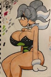 1girls big_breasts cleavage colored digital_drawing_(artwork) digital_media_(artwork) female female_focus female_only gray_hair inkling jaktroose leotard looking_to_the_side marie_(splatoon) nintendo paper splatoon splatoon_(series) squid_sisters tentacle_hair yellow_eyes