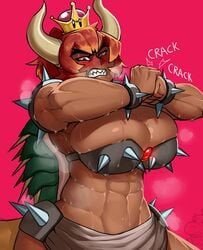 1boy 1girls abs angry being_watched blush bowser_jr. bowsette breasts cleavage crown dark-skinned_female dark_skin eye_contact eyebrows fangs female giga_bowser half-closed_eyes heavy_breathing horns huge_breasts krekk0v large_breasts looking_at_viewer mario_(series) monster_girl muscles muscular muscular_female new_super_mario_bros._u_deluxe nintendo partially_colored red_bowsette red_eyes red_hair rule_63 shell spikes super_mario_bros. super_smash_bros. sweat tan teeth text tsundere