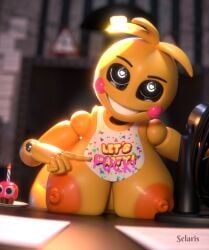 3d 3d_(artwork) animatronic background big_areola big_breasts blender boob_squish chica_(fnaf) creepy_smile eye_contact five_nights_at_freddy's highres robot selaris3d smile toy_chica_(fnaf) yellow_body