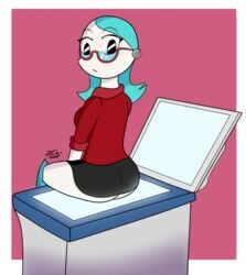 1girls 2d black_eyes black_skirt female female_only glasses humanoid jenny_wakeman looking_at_viewer my_life_as_a_teenage_robot nickelodeon photocopier photocopying_butt red_shirt robot robot_girl robot_humanoid skirt solo xj-9