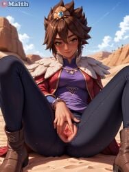 1girls ai_generated blush brown_eyes brown_hair dark-skinned_female desert highres league_of_legends looking_at_viewer malth medium_breasts outdoors pants pussy riot_games ripped_pants short_hair showing_pussy sitting spread_legs spreading_pussy taliyah