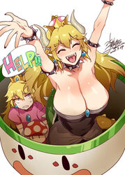 2girls armpits big_breasts blonde_hair bowsette breasts female female_only horns hourglass_figure huge_breasts koopa_clown_car mario_(series) mizuryuu_kei multiple_girls new_super_mario_bros._u_deluxe nintendo princess_peach rule_63 sexy_armpits spiked_armlet spiked_bracelet spiked_shell spiked_tail super_crown super_mario_bros.