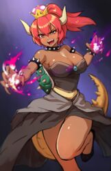 1girls bowsette breasts dark-skinned_female dark_skin female female_only genderswap horns mario_(series) maritan_(pixelmaritan) new_super_mario_bros._u_deluxe nintendo red_bowsette red_hair solo