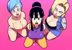 3girls ai_generated alternate_breast_size android_18 begging big_breasts black_hair blonde_hair blue_hair breasts_bigger_than_head bulma_briefs chichi cum cum_in_mouth dragon_ball dragon_ball_super dragon_ball_z from_above huge_breasts human large_breasts mature_female milf mommy mullon novelai open_mouth robot robot_girl robot_humanoid saliva tongue tongue_out