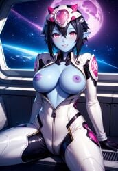 1alien 1girls ai_generated alien_girl big_breasts blue_body blue_skin breasts captainmegu jumpsuit legs_apart looking_at_viewer nipples no_bra pink_eyes purple_nipples short_hair solo space thighs