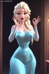 ai_generated bare_shoulders blonde_hair blue_dress blue_eyes braid breasts cleavage cum_in_mouth detached_sleeves disney disney_princess dress elsa_(frozen) eyeshadow fellatio_gesture female frozen_(film) hair_over_shoulder hands_up hi_res high_quality high_resolution large_breasts long_hair looking_at_viewer patreon patreon_username seductive sexually_suggestive sexy single_braid solo spicytoonai strapless strapless_dress tongue tongue_out uncensored watermark web_address