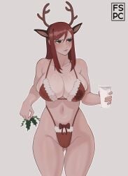 big_breasts bikini blush christmas christmas_bikini christmas_outfit erza_scarlet fairy_tail female female_only fspc glass_of_milk horns_hairband lactating mistletoe red_hair reindeer_ears thick_thighs