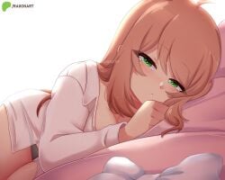 2024 blushing_at_viewer doki_doki_literature_club laying_down laying_on_bed long_hair looking_at_viewer monika_(doki_doki_literature_club) raionart wholesome