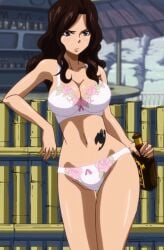 alcohol anime_screencap blush bottle brown_hair cana_alberona fairy_tail fat_breasts female flat_belly large_breasts long_hair navel panties swimsuit tattoo