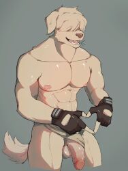 2023 abs absurd_res anthro balls bangs beastars big_balls big_penis canid canine canis clothed clothing collot_(beastars) domestic_dog erection fingerless_gloves fur genitals gesture gloves grey_background hair handwear herding_dog hi_res humanoid_genitalia humanoid_penis leborkss male male_only mammal muscular muscular_anthro muscular_male nipples old_english_sheepdog open_mouth open_smile pastoral_dog pecs penis poking_out sheepdog simple_background smile solo standing teeth tongue topless topless_anthro topless_male tuft underwear underwear_only