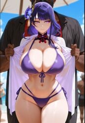 1boy 1boy1girl 1girls ai_generated bikini dark-skinned_male dress female genshin_impact hips huge_breasts light-skinned_female light_skin long_hair male mask mature_female old_man older_male open_clothes original_character purple_bikini purple_eyes purple_hair raiden_shogun thick_thighs thighs wide_hips