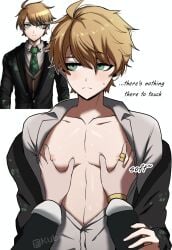 1boy chest coat dress_shirt grabbing_breasts kubikun maitsu_damon male_focus male_only open_shirt pov project:_eden's_garden