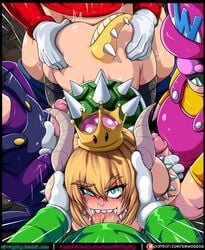 1girls 4boys ass ass_grab blonde_hair blush bowsette crown fellatio female gangbang gendebent luigi male male_pov mario mario_(series) masturbation multiple_boys new_super_mario_bros._u_deluxe nintendo oral penis pov sex sharp_teeth sirwogdog super_mario_bros. text thighhighs url veins veiny_penis waluigi wario watermark