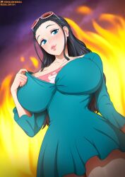 1girls big_breasts black_hair blue_eyes breasts collarbone dress female fire large_breasts lips long_hair looking_at_viewer neocoill nico_robin one_piece patreon_username solo sunglasses sweat thighs