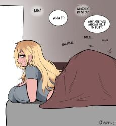 blonde_hair dialogue english_text fat_ass fully_clothed huge_breasts mizuki_(ocerius) ocerius under_sheets