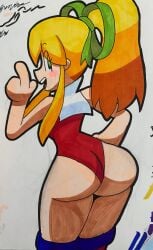 1girls ass ass_view back_view blonde_female blonde_hair capcom colored female female_focus female_only finger_pointing green_eyes jaktroose looking_at_viewer looking_back mega_man paper pointing pose roll yellow_hair