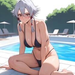 ai_generated big_breasts bikini bleach braid breasts embarrassed kotetsu_isane pool poolside seductive seductive_smile shy silver_hair sitting swimming_pool withoutgod