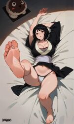 absurd_res ai_generated bangs barefoot belly belly_button big_breasts black_eyes black_hair cleavage feet feet_up female foot_fetish foot_focus highres hourglass_figure kimono leg_up lips looking_at_viewer lying naruto naruto_(classic) naruto_(series) naruto_shippuden on_back on_bed panties presenting presenting_feet shizune short_hair soles solo stable_diffusion thick_thighs thighs thin_waist toes tummy zanuxus