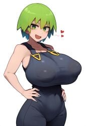 ai_generated covered_navel covered_nipples foo_fighters green_eyes green_hair jeff's_ai_lewds jojo's_bizarre_adventure navel_visible_through_clothes novelai puffy_nipples spoken_heart stone_ocean white_background