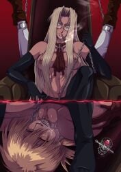 areolae black_gloves breasts female female_focus female_only hellsing hellsing_ultimate integra_hellsing latex_thighhighs looking_at_viewer nude pussy pussy_juice pussy_licking qualonhive seras_victoria yuri