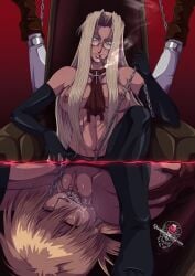 areolae black_gloves breasts cunnilingus female female_focus female_only hellsing hellsing_ultimate integra_hellsing latex_thighhighs looking_at_viewer nude pussy pussy_juice pussy_licking qualonhive seras_victoria yuri