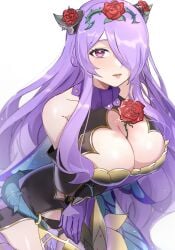 1girls after0217 alternate_costume bare_thighs black_dress black_horns black_panties breasts camilla_(fire_emblem) camilla_(resplendent)_(fire_emblem) cleavage cleavage_cutout clothing_cutout dress fake_horns female female_only fire_emblem fire_emblem_fates fire_emblem_heroes flower gloves hair_flower hair_ornament hair_over_one_eye highres horns inner_thighs large_breasts lips long_hair looking_at_viewer nintendo official_alternate_costume one_eye_covered panties parted_lips pink_eyes pink_lips plant purple_gloves purple_hair red_flower red_rose rose second-party_source simple_background solo thighs thorns underwear very_long_hair vines white_background