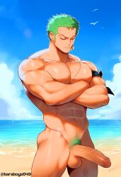 abs ai_generated balls bara baraboys biceps big_balls big_penis erection green_hair male male_nipples male_only male_pubic_hair muscular_male nipples nude one_piece pecs penis roronoa_zoro scar