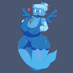 allay_(minecraft) big_breasts big_thighs blue_hair blue_skin blush breasts cookie dress ghost_tail gloves holding_breast megamor minecraft thighs white_eyes wings