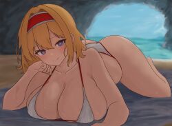 1girls 2d alice_margatroid ass big_ass big_breasts bikini bikini_only blonde_hair blue_eyes blush breasts cave cleavage day female hair_ornament hips looking_at_viewer lying lying_on_stomach moriforest1040 short_hair smile solo source swimsuit thick_thighs thighs touhou wide_hips