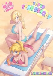 2girls ass beach big_breasts bikini blonde_hair blue_bikini breasts female female_only malezor mario_(series) multiple_girls nintendo pink_bikini princess_peach princess_rosalina swimsuit