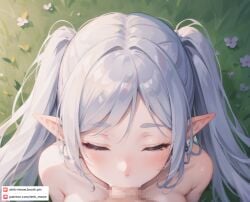 1boy 1girls ai_generated blush breasts censored closed_eyes completely_nude dmk_meow drop_earrings earrings elf fellatio female flower frieren grass grey_hair jewelry long_hair male mosaic_censoring nude oral outdoors parted_bangs patreon_username penis pointy_ears pov solo_focus sousou_no_frieren straight twintails white_hair