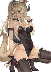 1girls bare_shoulders black_legwear black_leotard black_nails blonde_hair blue_eyes bodysuit bowsette bracelet breasts cleavage collar crown earrings female female_only finger_to_mouth from_side full_body fully_clothed genderswap genderswap_(mtf) hakaba_(dairiseki) high_heels highres horns kneeling large_breasts leotard looking_at_viewer mario_(series) nail_polish new_super_mario_bros._u_deluxe nintendo open_mouth pointy_ears ponytail revealing_clothes rule_63 sharp_teeth shiny shiny_clothes shiny_hair shiny_skin skimpy_clothes skin_tight small_breasts spiked_bracelet spikes tail teeth thighs wet wet_clothes white_background