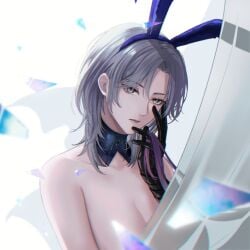 1girls angon623_(artist) behind_curtain big_breasts bowtie bunny_ears curtains diamond gloves hiding_breasts holding_hair lipstick no_bra nude pale_skin path_to_nowhere short_hair tetra_(path_to_nowhere) white_background white_eyes white_hair