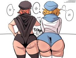 2boys 2femboys ass ass_to_ass big_ass blonde_hair bottom_heavy bottom_heavy_femboy bottom_heavy_male bubble_butt clothing crop_top dat_ass dialogue fat_ass femboy femboy_focus femboy_only fur_collar fur_trim gift_art girly hand_on_hip hat huge_ass ingram_(laundrymom) jace_(kumaccino) jace_heartwood kumaccino large_ass laundrymom legwear long_sleeves male male_focus male_only orange_hair original rear_view shirt shorts text thick_ass thick_thighs thighhighs voluptuous voluptuous_femboy voluptuous_male wide_hips