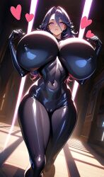 ai_generated big_areola big_breasts big_nipples bodysuit breasts full_body_suit heart heart_symbol hearts hearts_around_head huge_breasts large_breasts massive_breasts myaim neoprene nipple_bulge original_character pink_eyes puffy_nipples purple_hair pussy_peek tagme