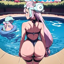 2girls ai_generated ass big_ass big_butt blue_hair clone female female_only human iono_(pokemon) long_hair looking_back multiple_girls pink_hair pokemon pool smile solo_focus swimsuit tagme